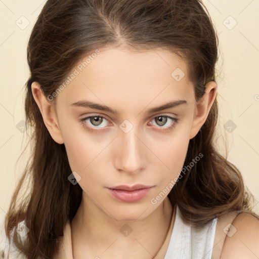 Neutral white young-adult female with medium  brown hair and brown eyes