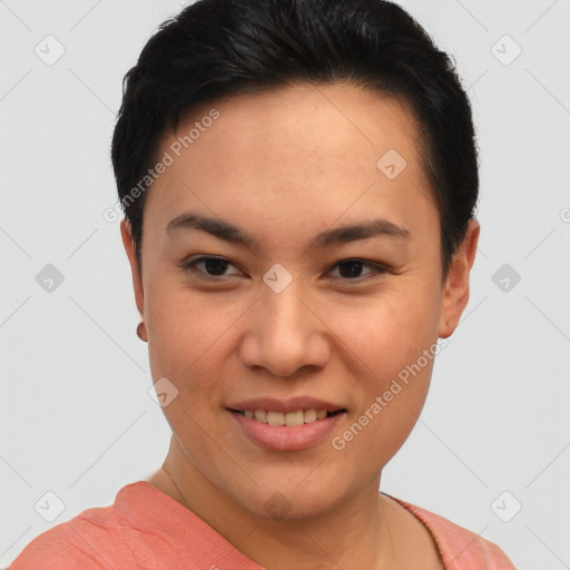 Joyful asian young-adult female with short  brown hair and brown eyes