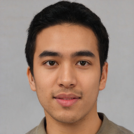 Neutral asian young-adult male with short  black hair and brown eyes