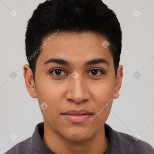 Joyful latino young-adult male with short  black hair and brown eyes