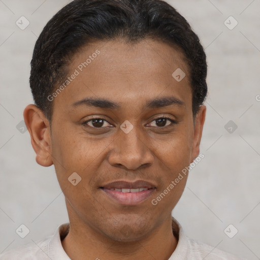 Joyful latino young-adult male with short  brown hair and brown eyes