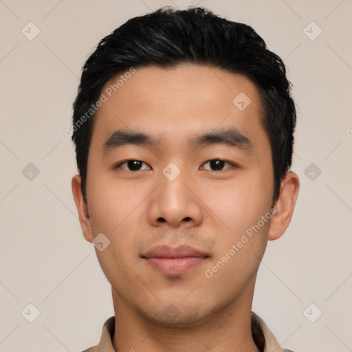 Neutral asian young-adult male with short  black hair and brown eyes