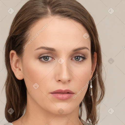 Neutral white young-adult female with medium  brown hair and grey eyes