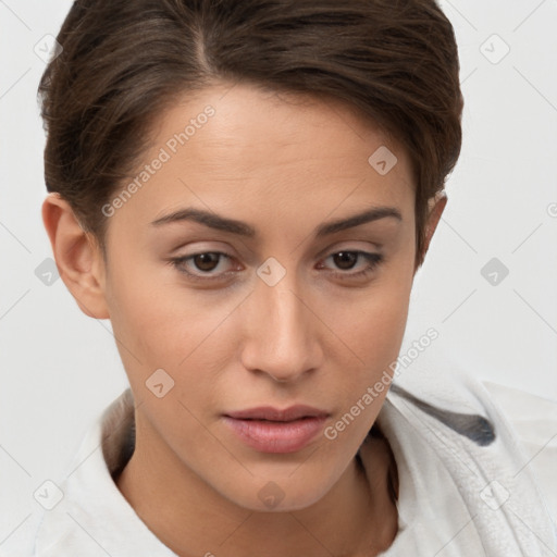 Neutral white young-adult female with short  brown hair and brown eyes