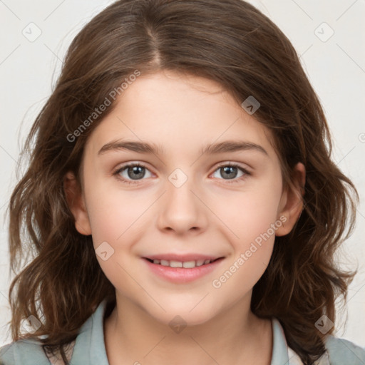 Joyful white child female with medium  brown hair and brown eyes