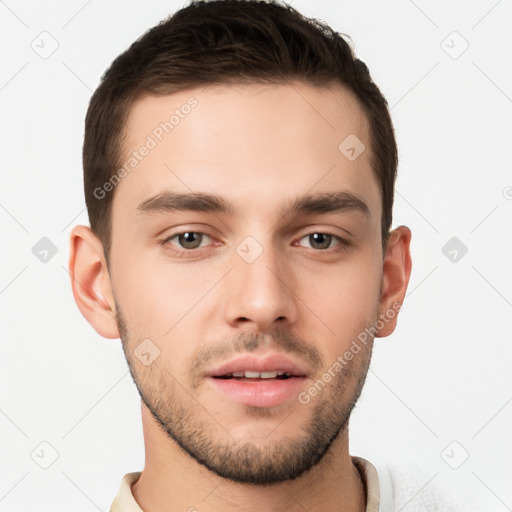 Neutral white young-adult male with short  brown hair and brown eyes