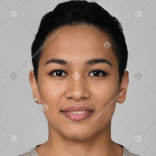 Joyful latino young-adult female with short  black hair and brown eyes