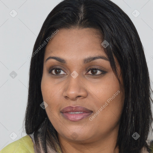 Joyful asian young-adult female with long  brown hair and brown eyes