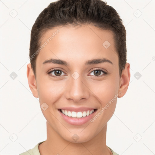 Joyful white young-adult female with short  brown hair and brown eyes