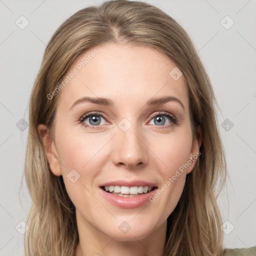 Joyful white young-adult female with medium  brown hair and green eyes