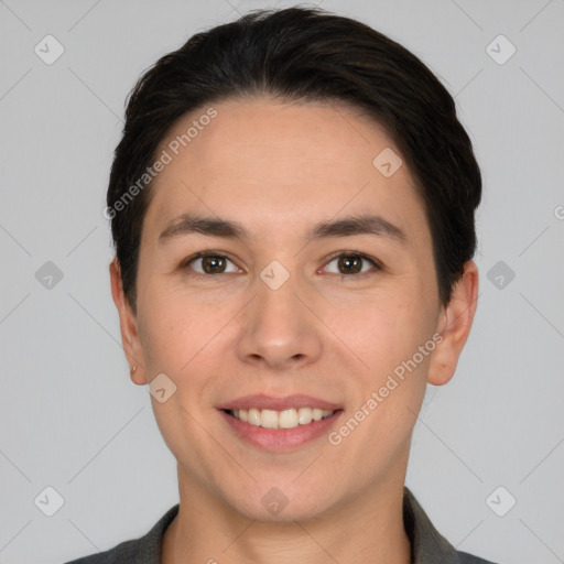 Joyful white young-adult male with short  black hair and brown eyes