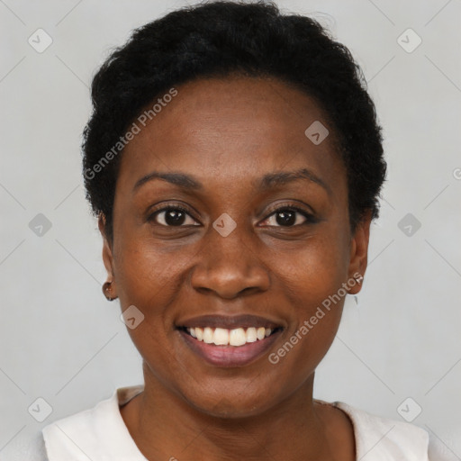 Joyful black adult female with short  black hair and brown eyes