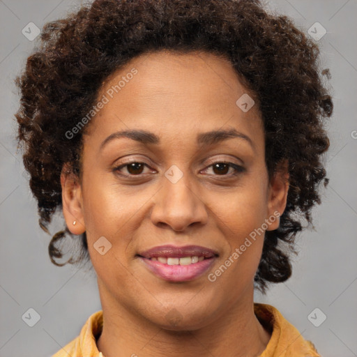 Joyful white adult female with short  brown hair and brown eyes