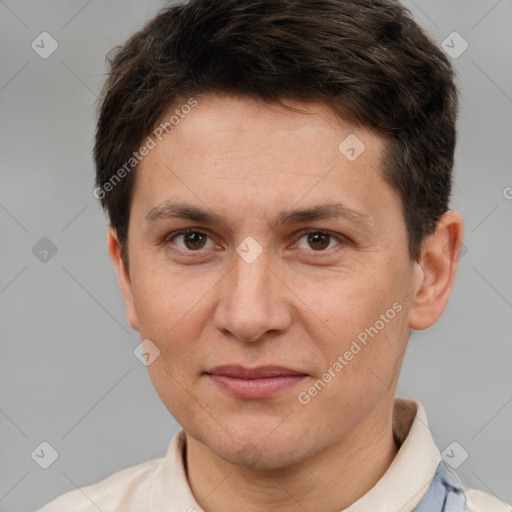 Joyful white adult male with short  brown hair and brown eyes