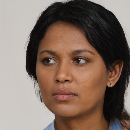 Neutral asian young-adult female with medium  black hair and brown eyes