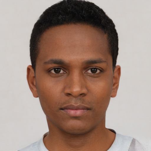 Neutral black young-adult male with short  black hair and brown eyes