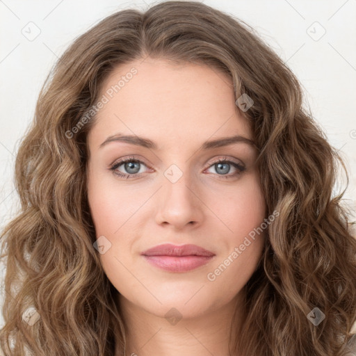 Joyful white young-adult female with long  brown hair and green eyes