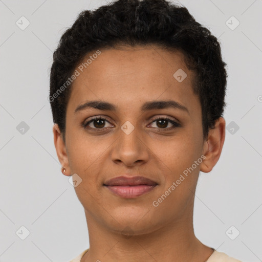 Joyful latino young-adult female with short  brown hair and brown eyes