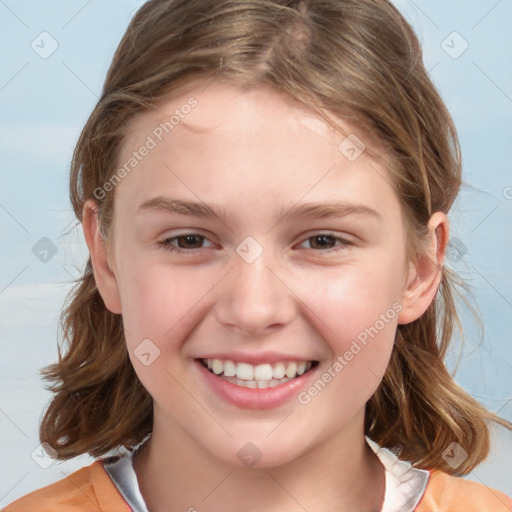 Joyful white child female with medium  brown hair and brown eyes