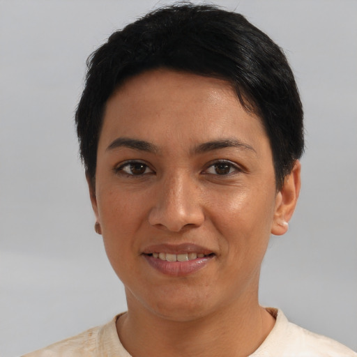 Joyful asian young-adult female with short  black hair and brown eyes