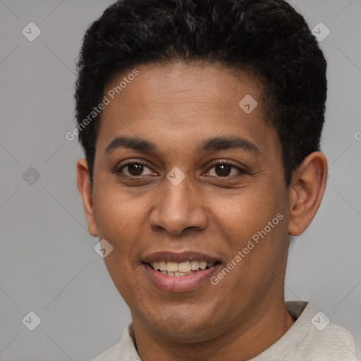 Joyful latino young-adult female with short  black hair and brown eyes