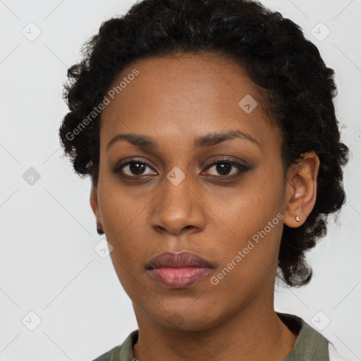 Neutral black young-adult female with short  black hair and brown eyes