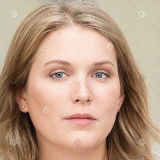 Neutral white young-adult female with long  brown hair and blue eyes