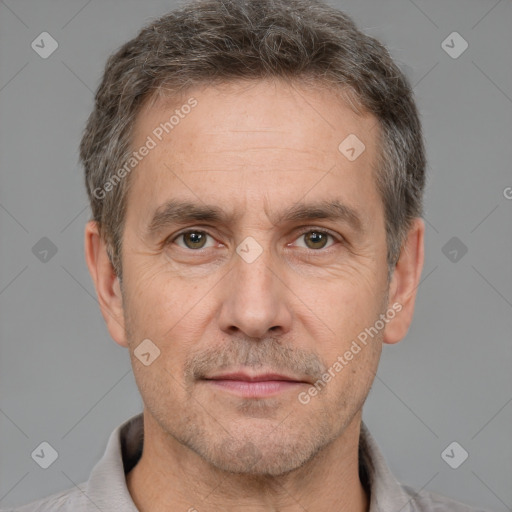 Neutral white adult male with short  brown hair and brown eyes