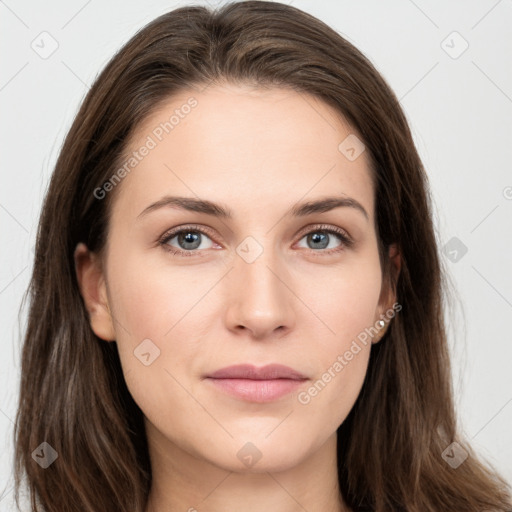 Neutral white young-adult female with long  brown hair and grey eyes