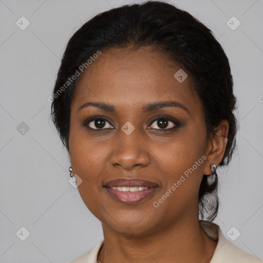 Joyful black young-adult female with medium  black hair and brown eyes