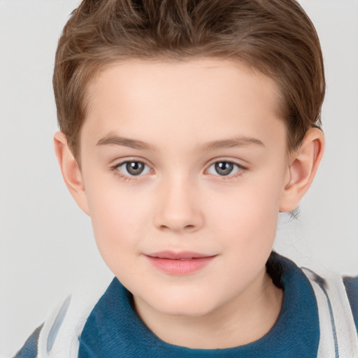 Joyful white child female with short  brown hair and brown eyes