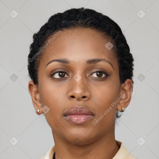 Neutral black young-adult female with short  black hair and brown eyes