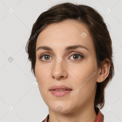 Neutral white young-adult female with medium  brown hair and brown eyes