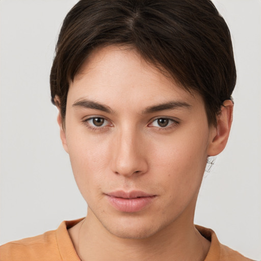 Neutral white young-adult female with short  brown hair and brown eyes