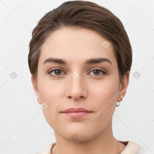 Neutral white young-adult female with short  brown hair and brown eyes