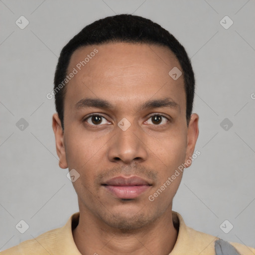 Neutral latino young-adult male with short  black hair and brown eyes