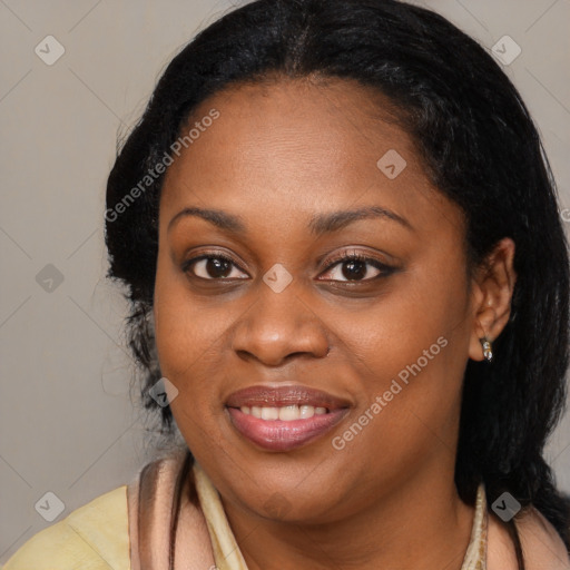 Joyful black young-adult female with medium  brown hair and brown eyes