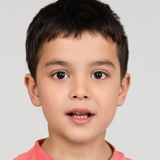 Joyful white child male with short  brown hair and brown eyes