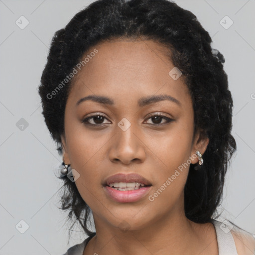 Joyful latino young-adult female with long  black hair and brown eyes