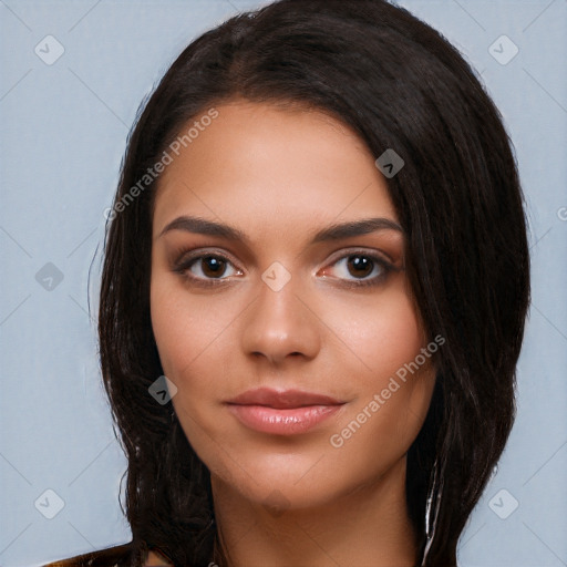 Joyful white young-adult female with long  black hair and brown eyes