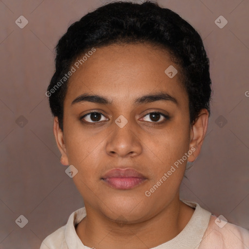 Neutral latino young-adult female with short  black hair and brown eyes