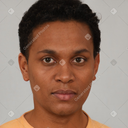 Neutral black young-adult male with short  black hair and brown eyes