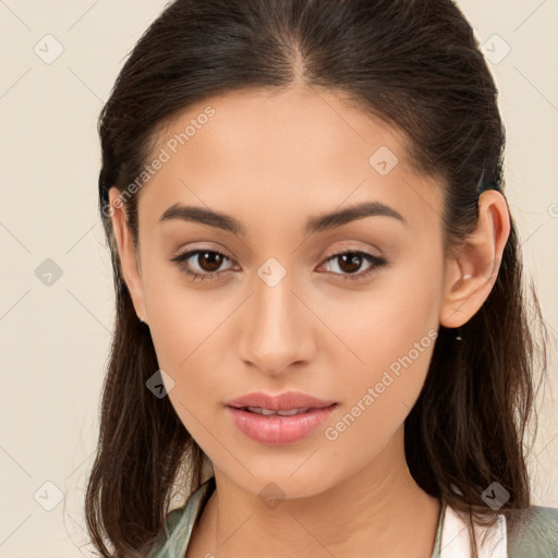 Neutral white young-adult female with long  brown hair and brown eyes