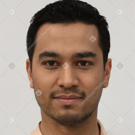 Neutral latino young-adult male with short  black hair and brown eyes