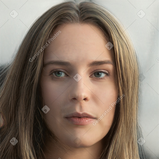 Neutral white young-adult female with long  brown hair and green eyes