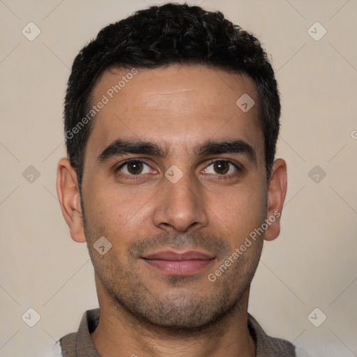 Neutral white young-adult male with short  black hair and brown eyes