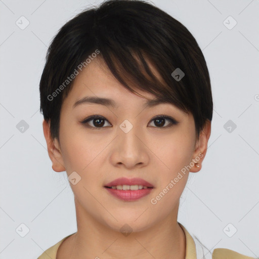 Joyful asian young-adult female with short  brown hair and brown eyes