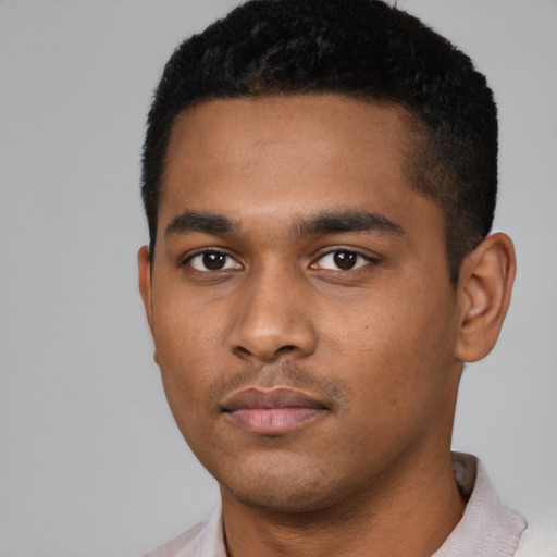 Neutral black young-adult male with short  black hair and brown eyes