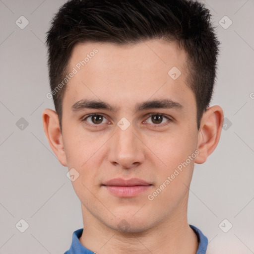 Neutral white young-adult male with short  brown hair and brown eyes