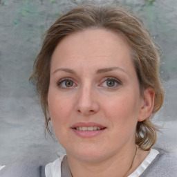 Joyful white adult female with medium  brown hair and blue eyes